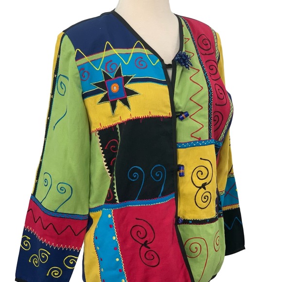 Julia Kim Long Sleeve Color Block Lined Open Front Jacket  Floral Geometric Sz S - Picture 2 of 5